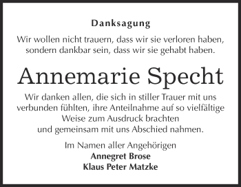 Traueranzeige von Annemarie Specht von Super Sonntag Wittenberg
