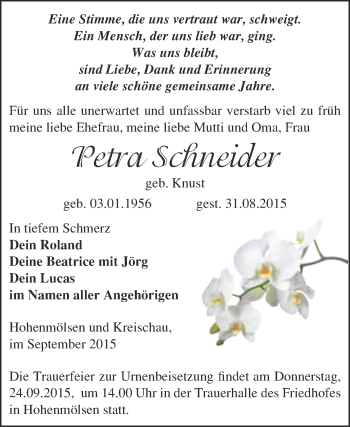 Traueranzeige von Petra Schneider von WVG - Wochenspiegel NMB / WSF / ZTZ
