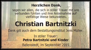 Traueranzeige von Christian Bartnitzki von Super Sonntag Aschersleben