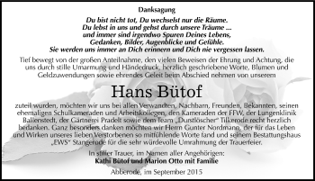 Traueranzeige von Hans Bütof von Mitteldeutsche Zeitung Mansfelder Land