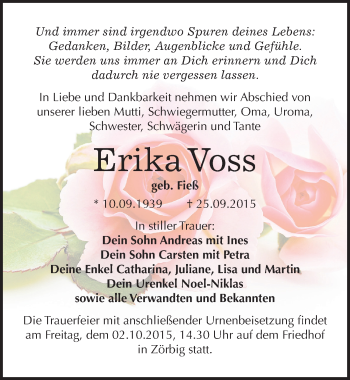 Traueranzeige von Erika Voss von Mitteldeutsche Zeitung Bitterfeld