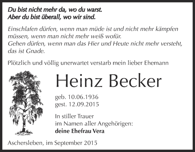  Traueranzeige für Heinz Becker vom 19.09.2015 aus Super Sonntag Aschersleben