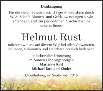 Traueranzeige von Helmut Rust von WVG - Wochenspiegel Quedlinburg