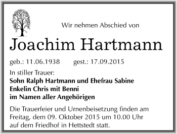 Traueranzeige von Joachim Hartmann von Mitteldeutsche Zeitung Mansfelder Land