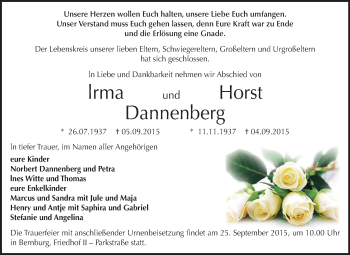Traueranzeige von lrma und Horst Dannenberg von Super Sonntag Bernburg