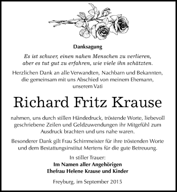 Traueranzeige von Richard Fritz Krause von Mitteldeutsche Zeitung Naumburg/Nebra