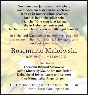 Traueranzeige von Rosemarie Makowski von Mitteldeutsche Zeitung Bernburg