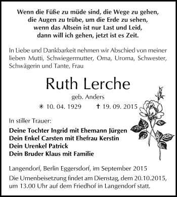 Traueranzeige von Ruth Lerche von WVG - Wochenspiegel NMB / WSF / ZTZ