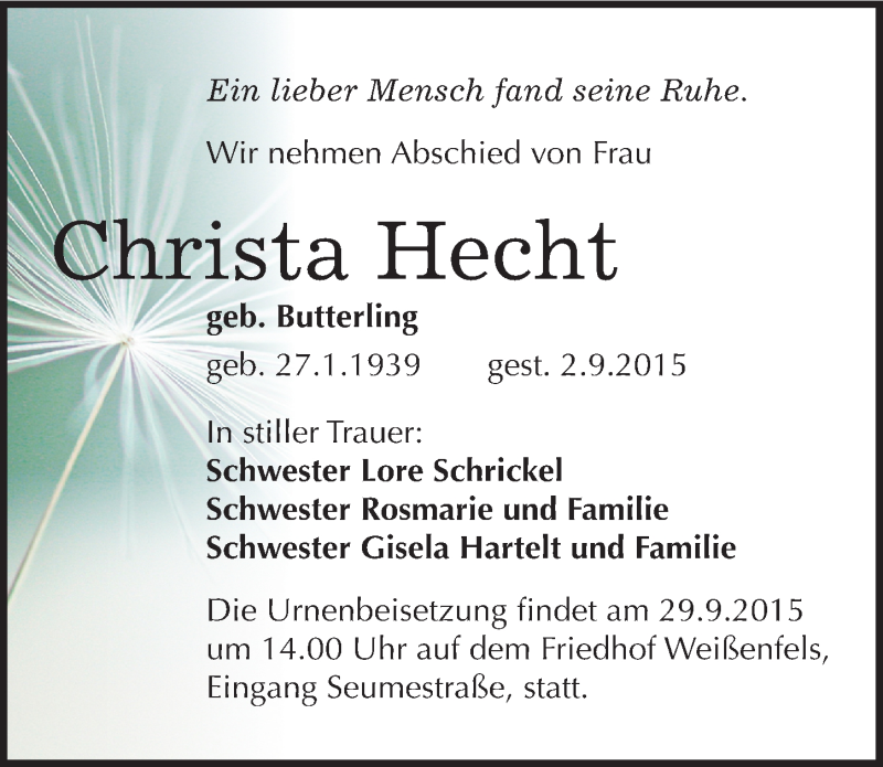  Traueranzeige für Christa Hecht vom 16.09.2015 aus Mitteldeutsche Zeitung Weißenfels