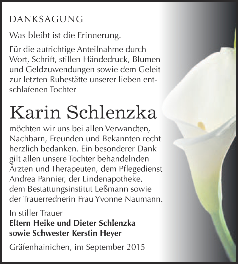  Traueranzeige für Karin Schlenzka vom 19.09.2015 aus WVG - Wochenspiegel Wittenberg