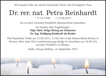 Traueranzeige von Petra Reinhardt von Mitteldeutsche Zeitung Dessau-Roßlau