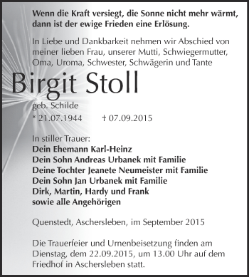 Traueranzeige von Birgit Stoll von Super Sonntag Aschersleben