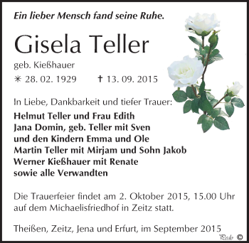 Traueranzeige von Gisela Teller von Mitteldeutsche Zeitung Zeitz