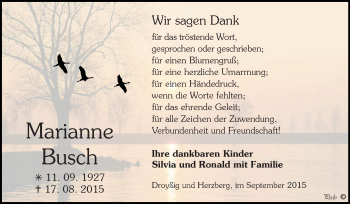 Traueranzeige von Marianne Busch von Super Sonntag Zeitz