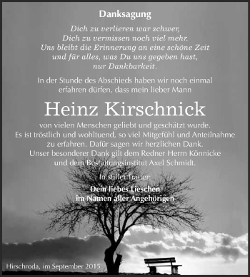 Traueranzeige von Heinz Kirschnick von WVG - Wochenspiegel NMB / WSF / ZTZ