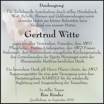 Traueranzeige von Gertrud Witte von WVG - Wochenspiegel Quedlinburg