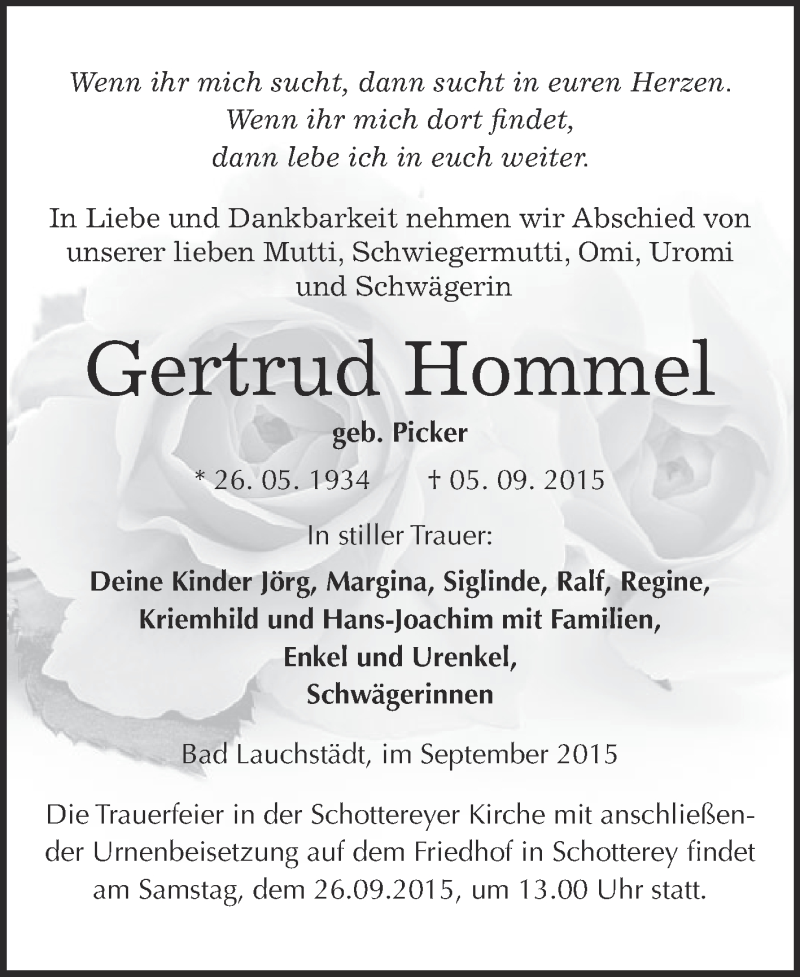  Traueranzeige für Gertrud Hommel vom 12.09.2015 aus WVG - Wochenspiegel Merseburg