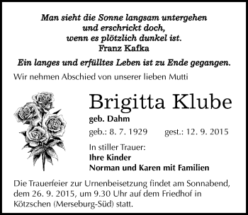 Traueranzeige von Brigitta Klube von Mitteldeutsche Zeitung Merseburg/Querfurt