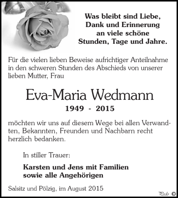 Traueranzeige von Eva-Maria Wedmann von Super Sonntag Zeitz