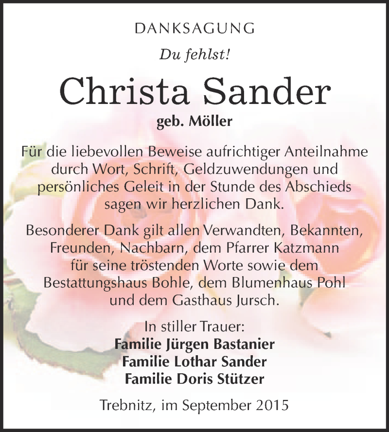  Traueranzeige für Christa Sander vom 19.09.2015 aus Super Sonntag Merseburg