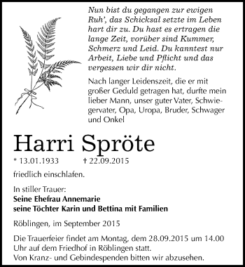 Traueranzeige von Harri Spröte von Mitteldeutsche Zeitung Mansfelder Land
