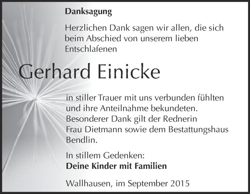  Traueranzeige für Gerhard Einicke vom 02.09.2015 aus WVG - Wochenspiegel SGH