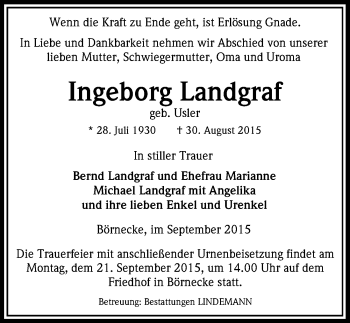Traueranzeige von Ingeborg Landgraf von Mitteldeutsche Zeitung Quedlinburg