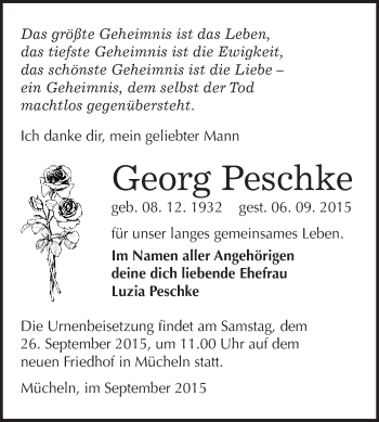 Traueranzeige von Georg Peschke von WVG - Wochenspiegel Merseburg