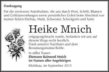Traueranzeige von Heike Mnich von WVG - Wochenspiegel Merseburg