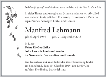 Traueranzeige von Manfred Lehmann von Super Sonntag Merseburg
