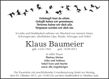 Traueranzeige von Klaus Baumeier von Super Sonntag Bernburg