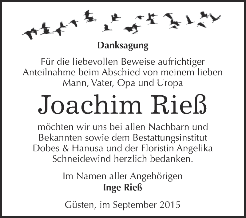  Traueranzeige für Joachim Rieß vom 12.09.2015 aus Super Sonntag Bernburg