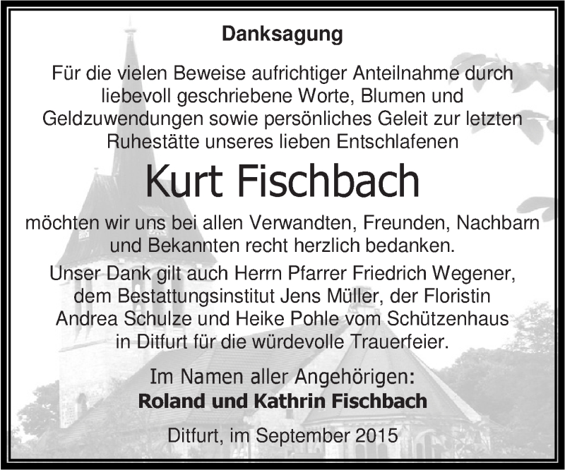  Traueranzeige für Kurt Fischbach vom 12.09.2015 aus Super Sonntag Aschersleben