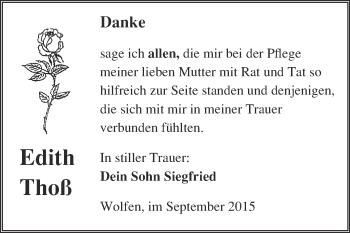 Traueranzeige von Edith Thoß von WVG - Wochenspiegel Bitterfeld