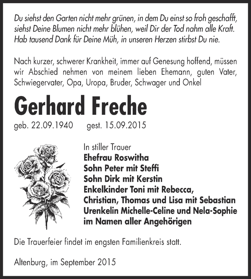  Traueranzeige für Gerhard Freche vom 26.09.2015 aus Super Sonntag Zeitz