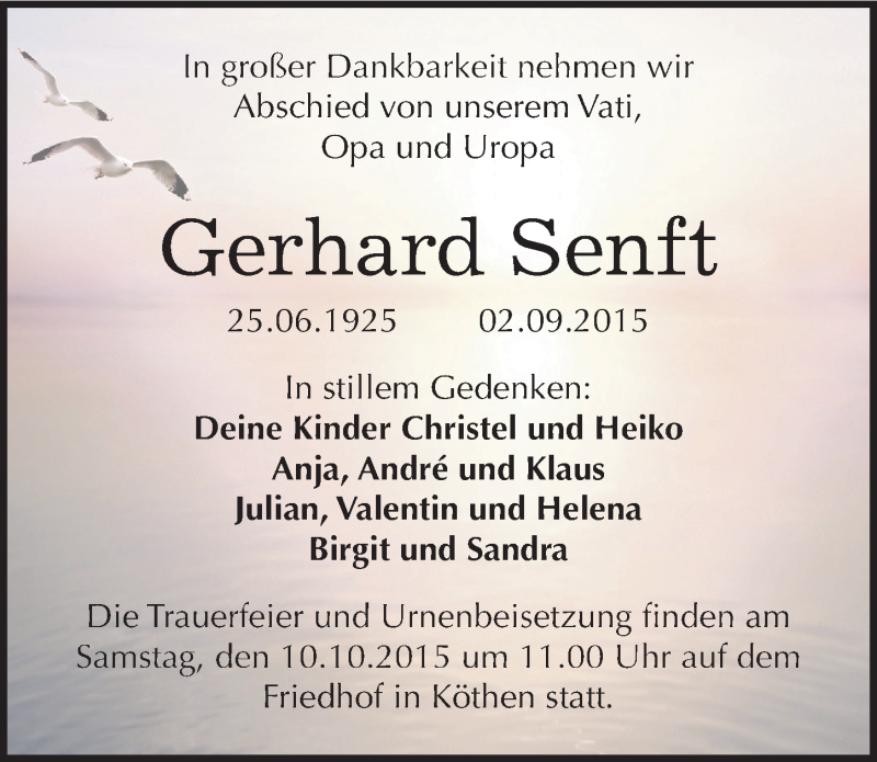  Traueranzeige für Gerhard Senft vom 12.09.2015 aus Mitteldeutsche Zeitung Köthen