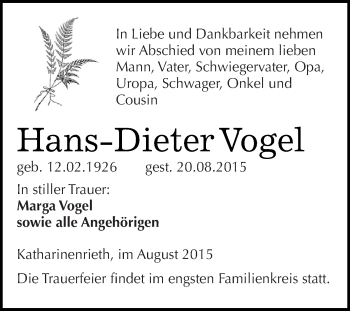 Traueranzeige von Hans-Dieter Vogel von WVG - Wochenspiegel SGH