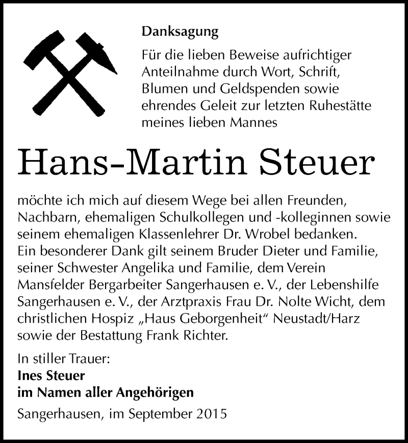  Traueranzeige für Hans-Martin Steuer vom 19.09.2015 aus Mitteldeutsche Zeitung Sangerhausen