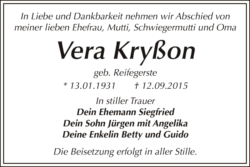  Traueranzeige für Vera Kryßon vom 26.09.2015 aus WVG - Wochenspiegel Dessau / Köthen