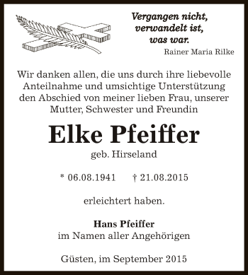 Traueranzeige von Elke Pfeiffer von Super Sonntag Bernburg