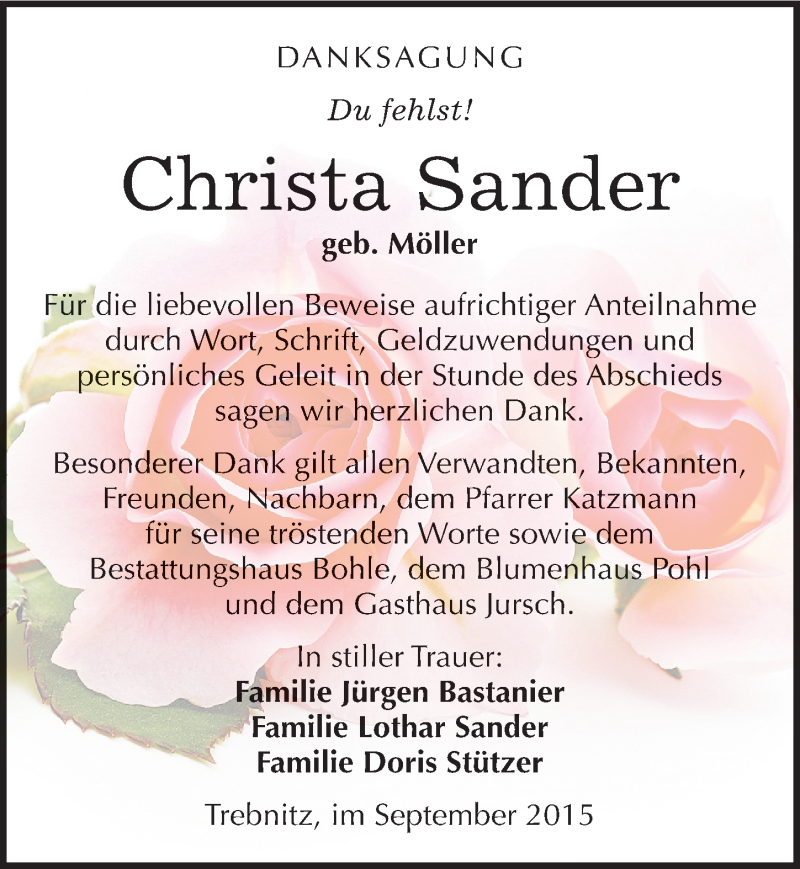  Traueranzeige für Christa Sander vom 19.09.2015 aus Mitteldeutsche Zeitung Merseburg/Querfurt