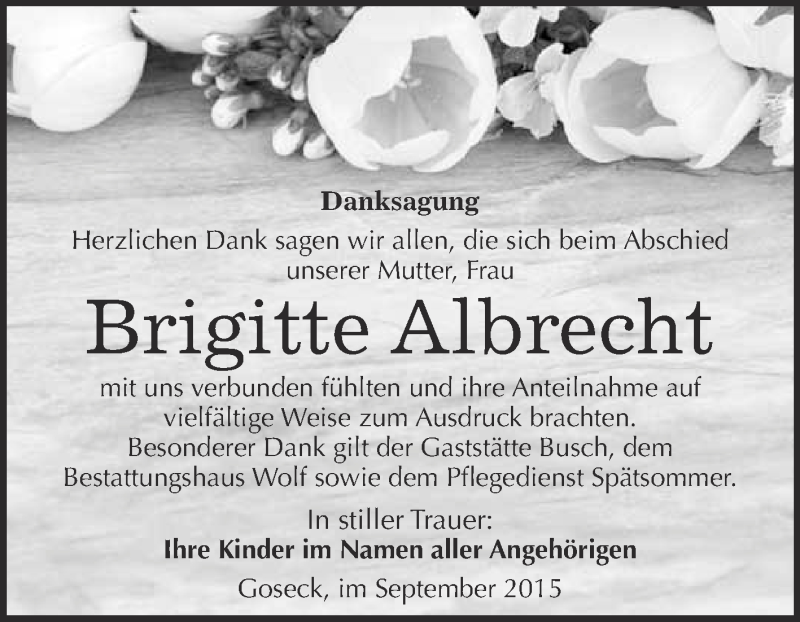  Traueranzeige für Brigitte Albrecht vom 23.09.2015 aus WVG - Wochenspiegel NMB / WSF / ZTZ