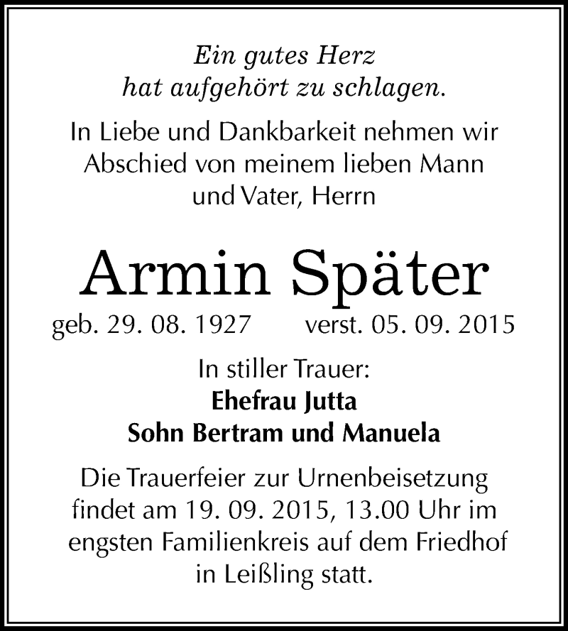  Traueranzeige für Armin Später vom 16.09.2015 aus WVG - Wochenspiegel NMB / WSF / ZTZ