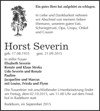 Traueranzeige von Horst Severin von WVG - Wochenspiegel Quedlinburg