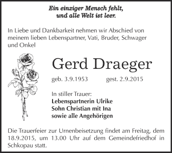 Traueranzeige von Gerd Draeger von Super Sonntag Merseburg
