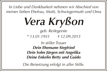 Traueranzeige von Vera Kryßon von WVG - Wochenspiegel Dessau / Köthen