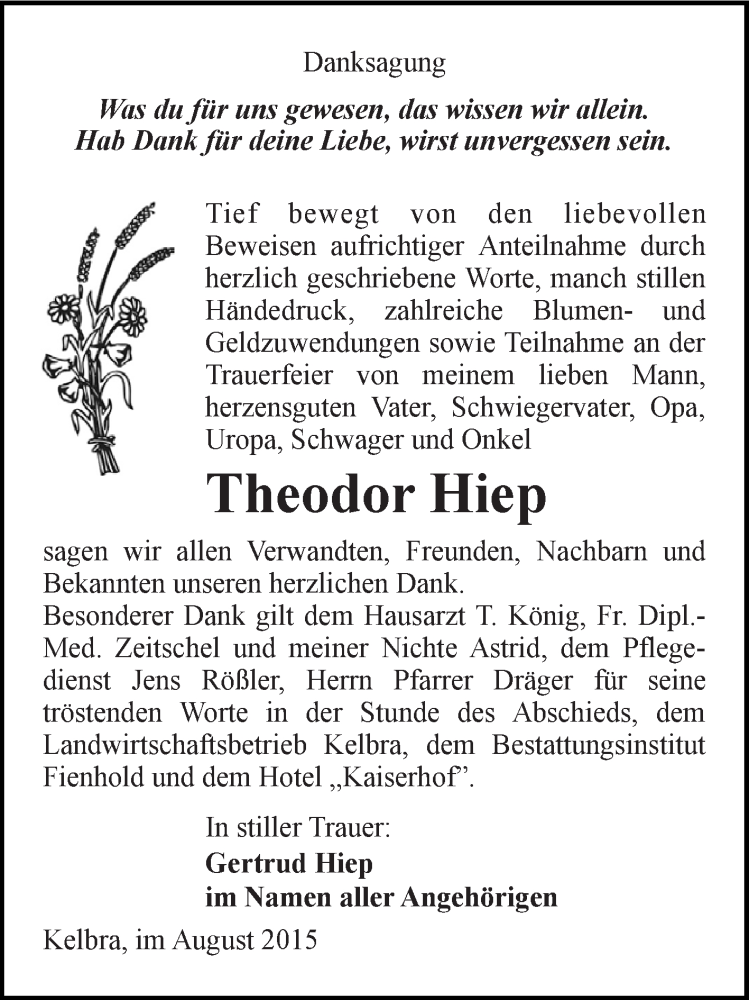  Traueranzeige für Theodor Hiep vom 05.09.2015 aus Super Sonntag SGH Mansf. Land