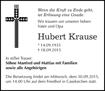 Traueranzeige von Hubert Krause von Mitteldeutsche Zeitung Naumburg/Nebra
