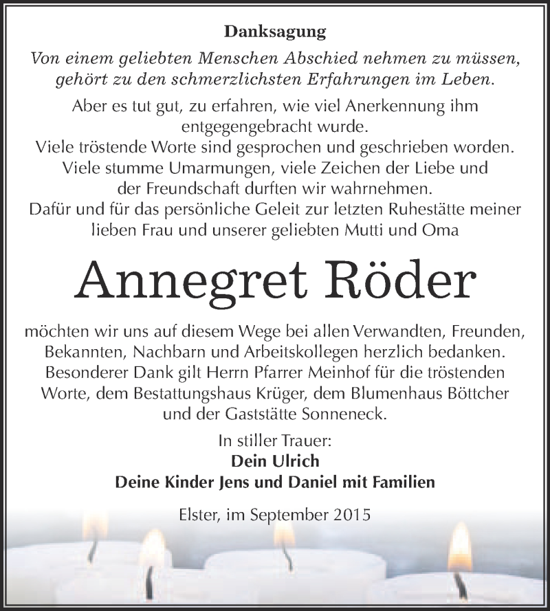  Traueranzeige für Annegret Röder vom 19.09.2015 aus Super Sonntag Wittenberg