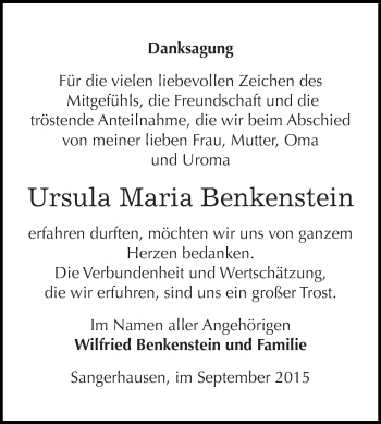 Traueranzeige von Ursula Maria Benkenstein von Super Sonntag SGH Mansf. Land